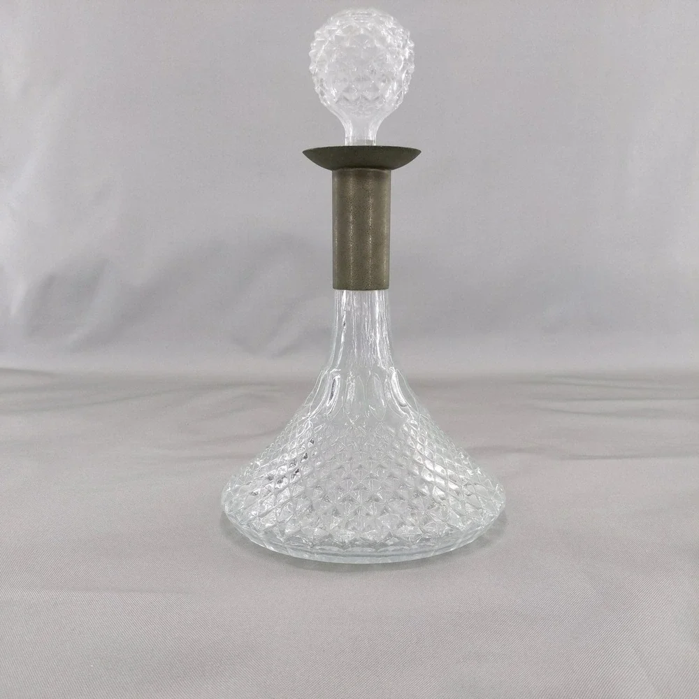Vintage Pressed Glass Captains Ship Decanter Clear Diamond Pattern Metallic Neck